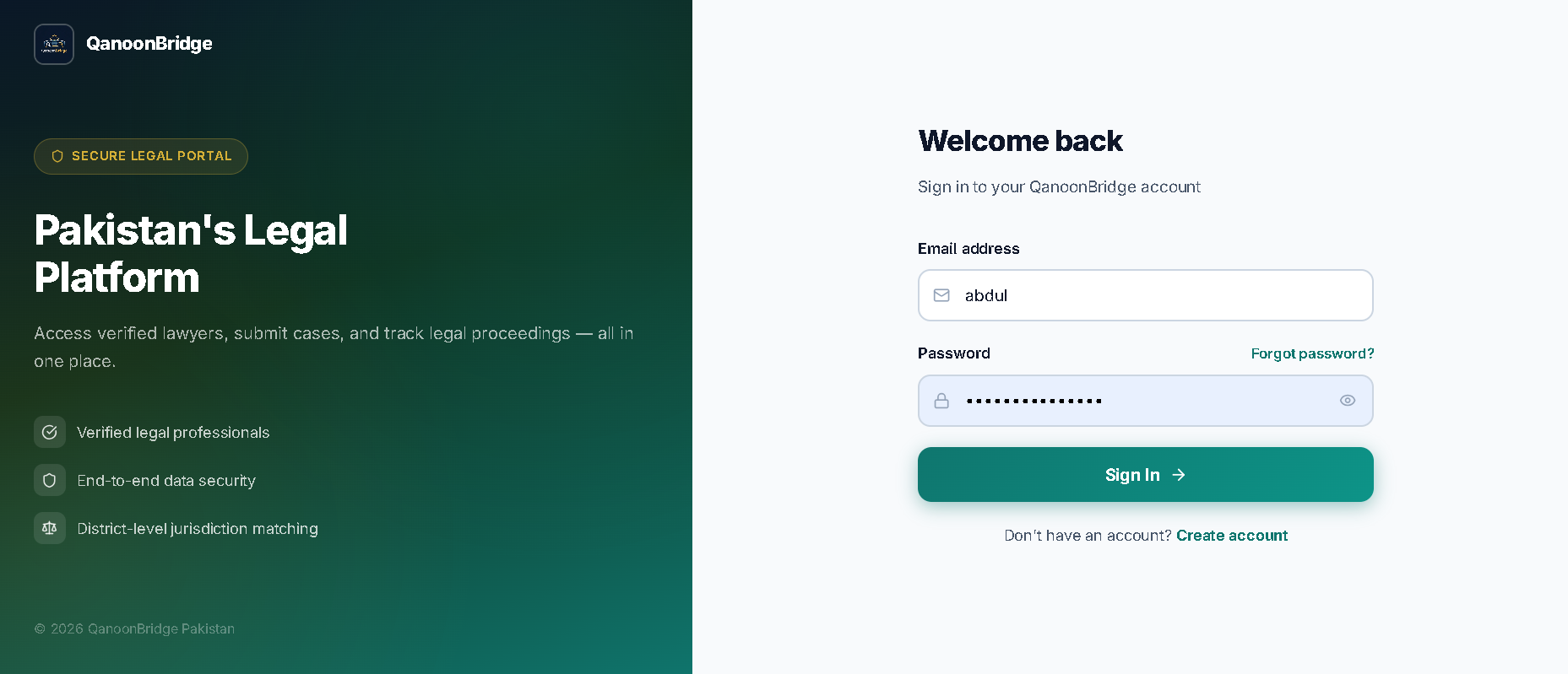 QanoonBridge sign-in screen — tenant-aware login portal